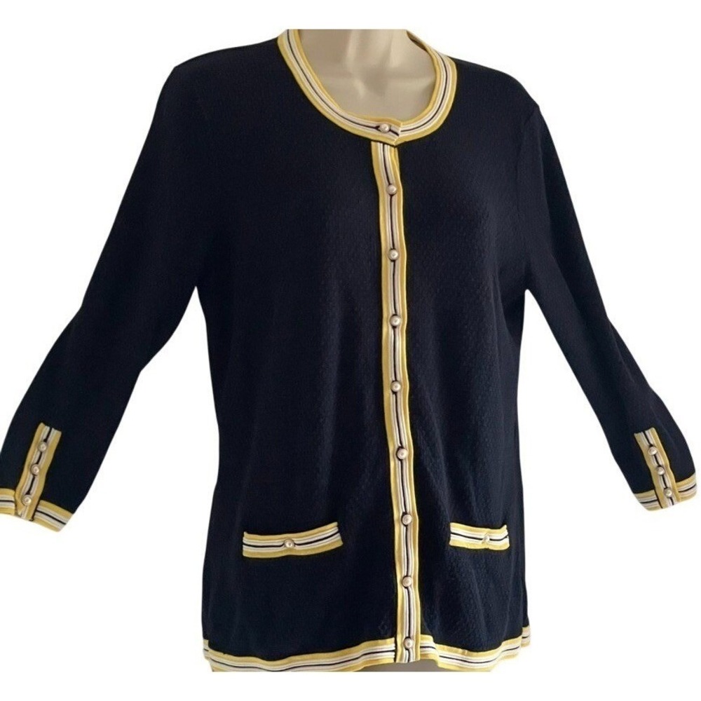 Talbots‎ Tipped Cardigan Sweater Navy Yellow Trim Faux Pearl Button Petite MP